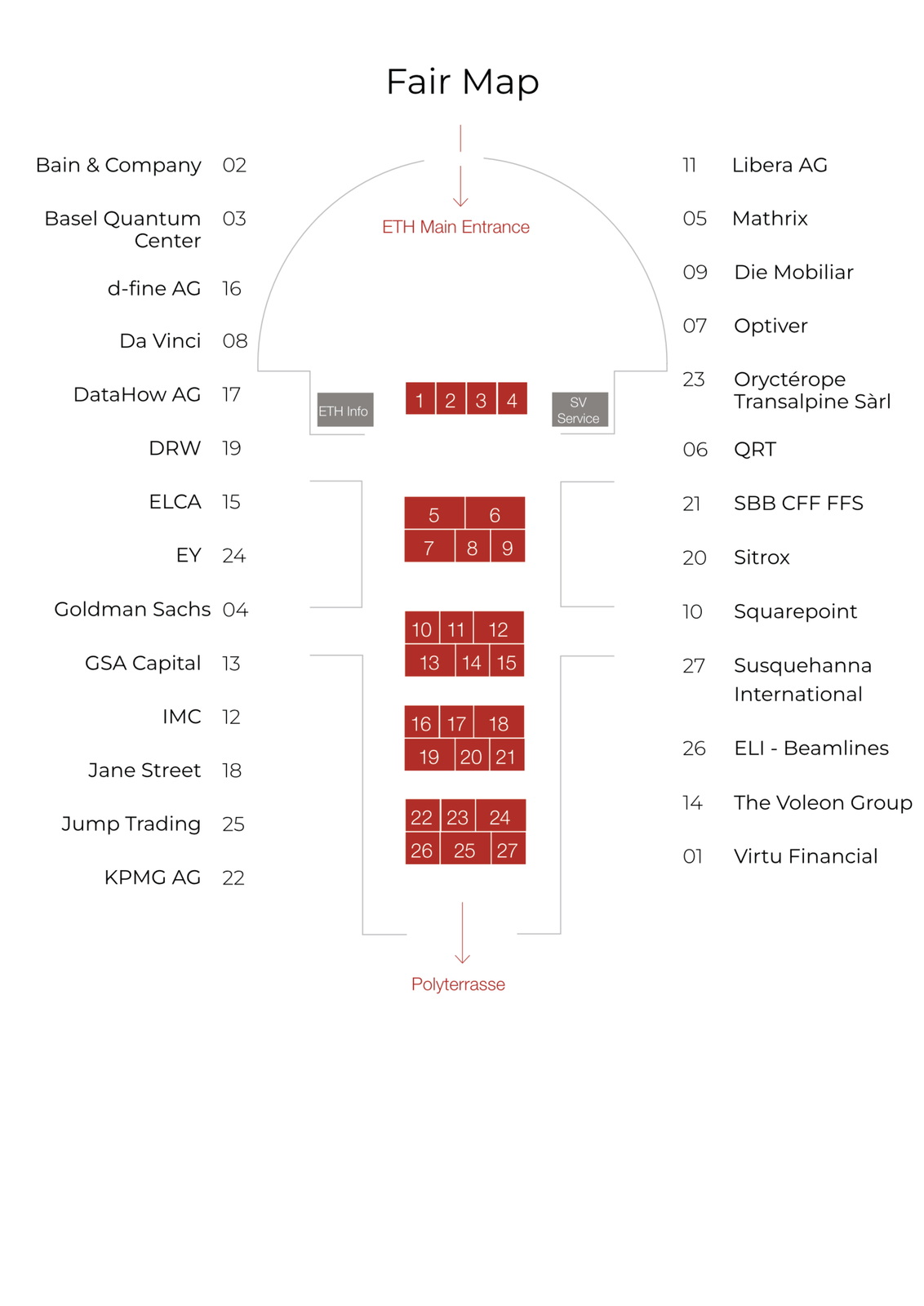 Floor plan of MindPhair 2026 showing 27 numbered booths in the ETH main hall