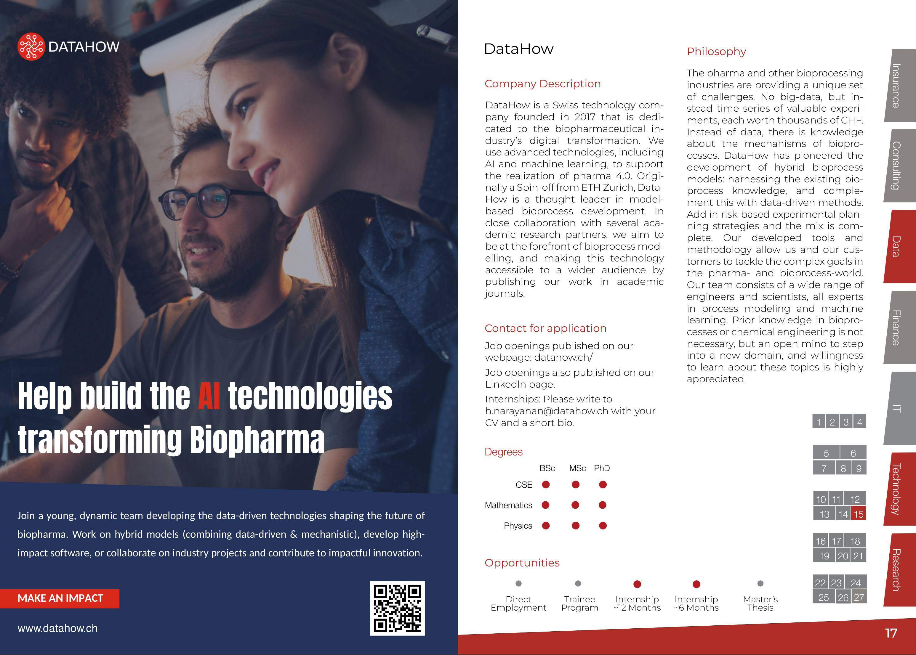 Example spread from the Fair Guide 2026: DataHow's A5 ad on the left, its company description, philosophy, contact, degrees and opportunities on the right